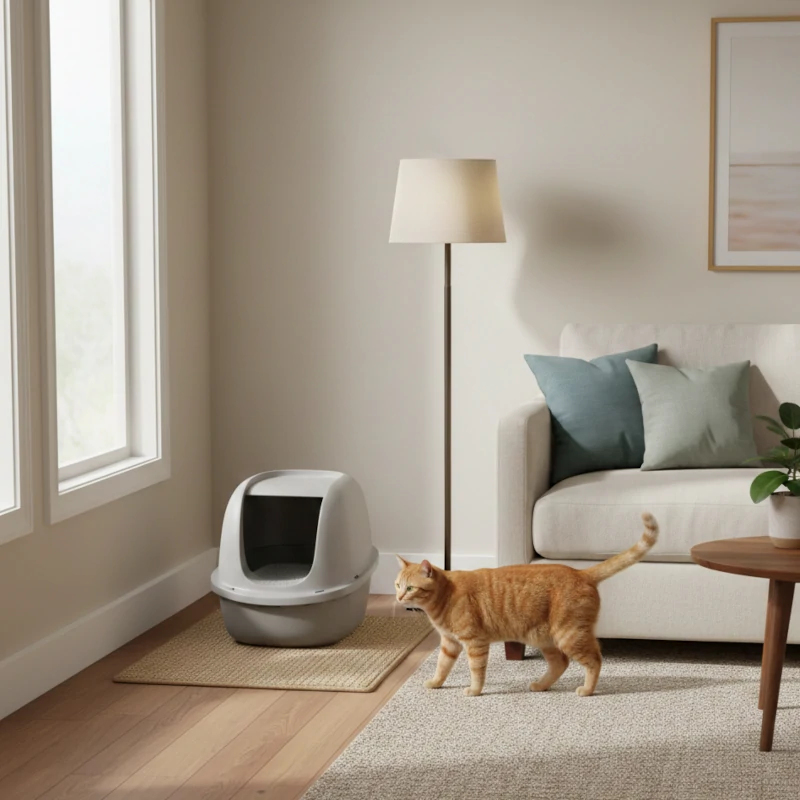 Cat approaching a grey covered litter box set beside a light-coloured living room sofa.
