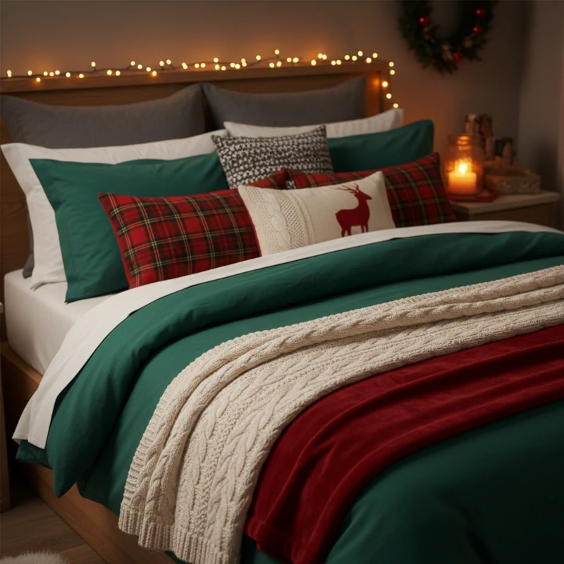 Bed with green and red Christmas bedding, plaid pillows, cable knit throw, and fairy lights.
