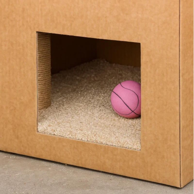 Open cardboard box showing carpeted floor with a pink toy ball inside.
