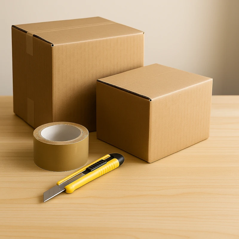Cardboard boxes with packing tape and a utility knife placed on a wooden table.
