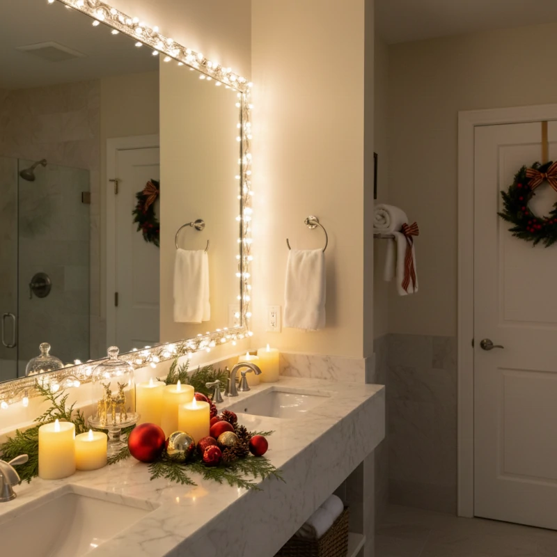 Warmly lit bathroom with glowing candles, ornaments, greenery sprigs, and fairy lights around the mirror.
