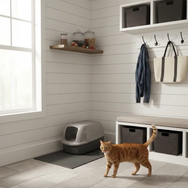 Cat standing near a covered litter box positioned in an organised mudroom area.