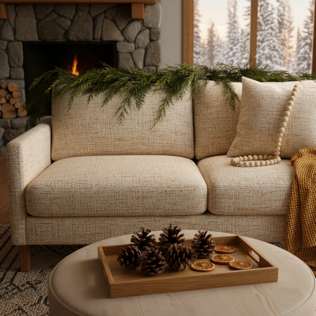 Sofa decorated with cedar garland, wood beads, pinecones, and dried orange slices.