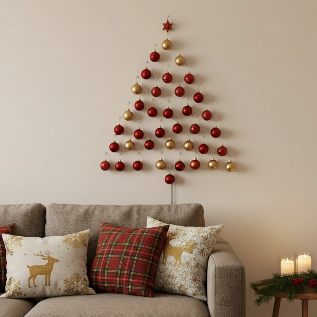 Red and gold ornaments arranged as a wall-mounted Christmas tree above a beige sofa.
