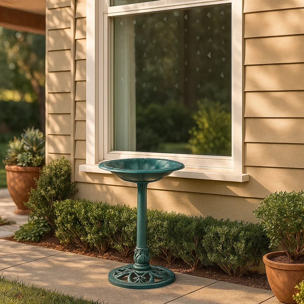 Teal pedestal bird bath placed close to a large house window with reflective glass.
