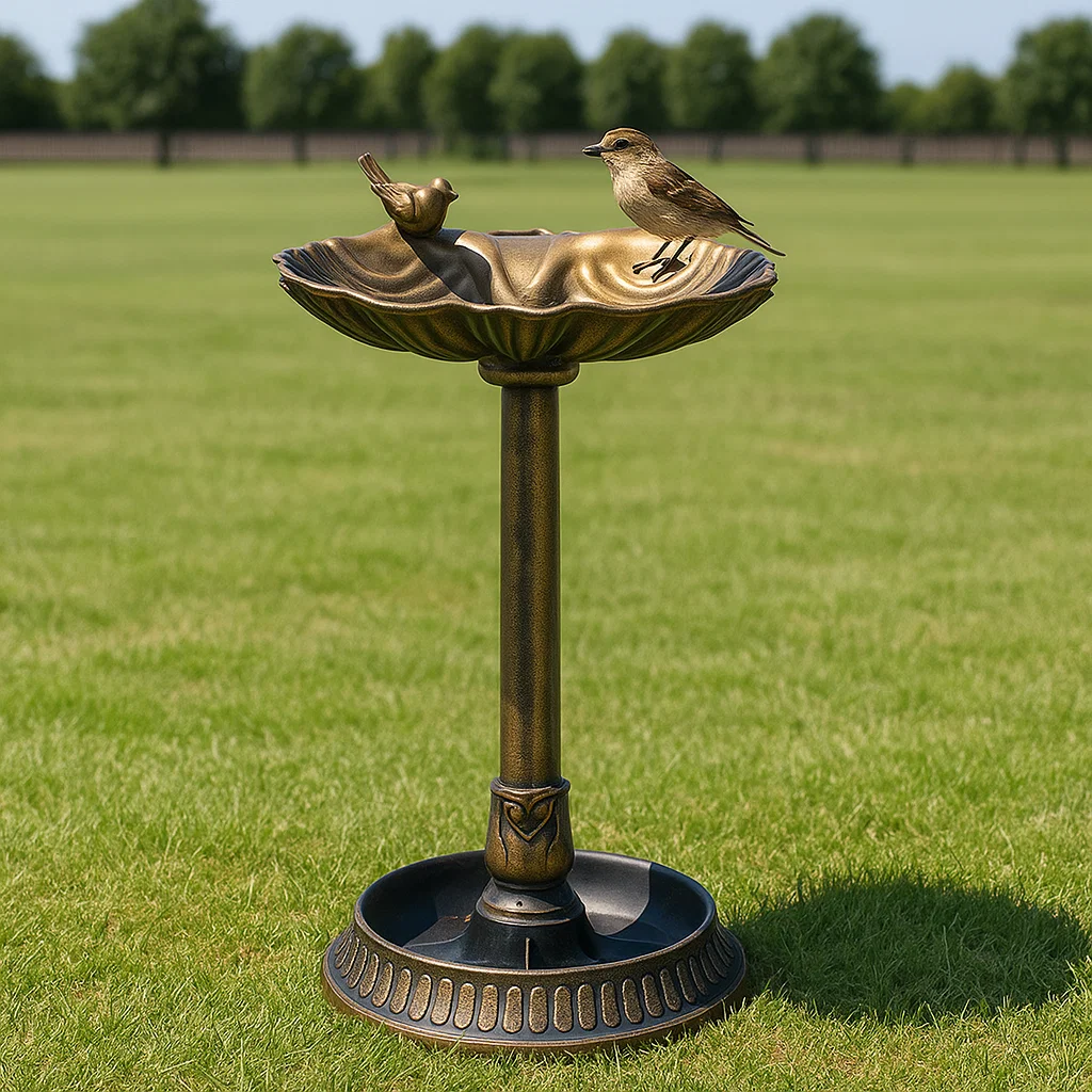 Bronze bird bath with two small birds perched on the rim in an open grassy field.