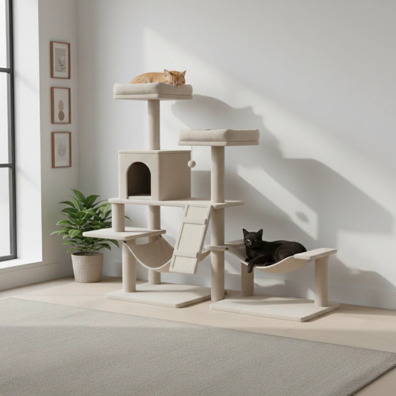 Beige cat tree with two cats relaxing on separate levels in a calm, sunlit room.