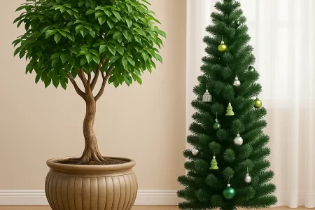 Real potted plant beside artificial Christmas tree for comparison.