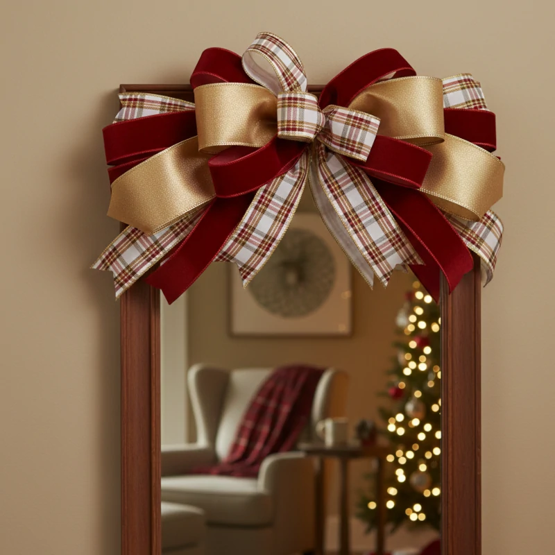 Mirror topped with a large layered Christmas bow made of plaid, gold, and red ribbons.