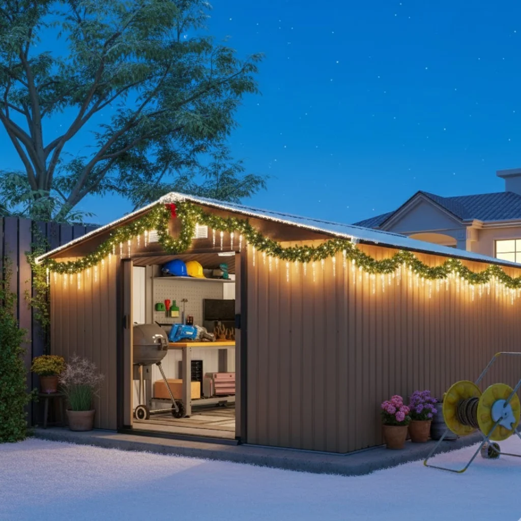 Shed roof decorated with garland, icicle lights, and Christmas accents during winter evening.
