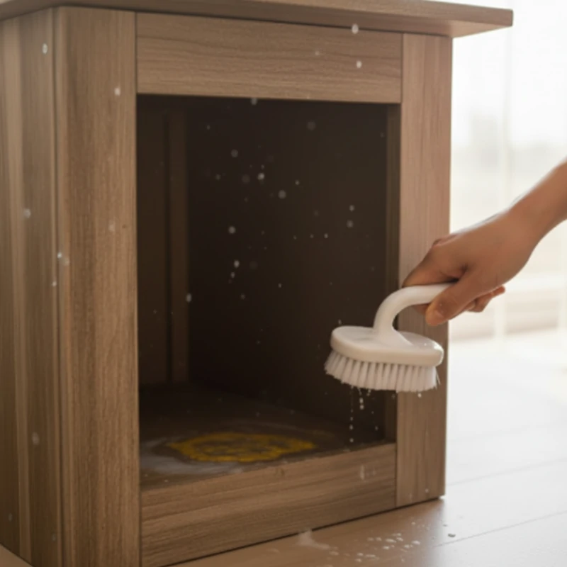 Scrubbing the cat house floor with a brush and soap to remove stains.