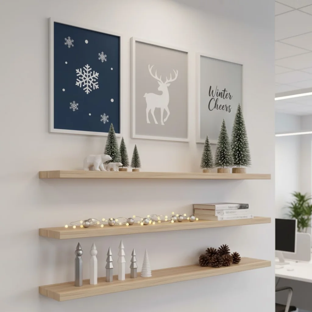 Wall shelves decorated with mini trees, lights, and winter artwork.