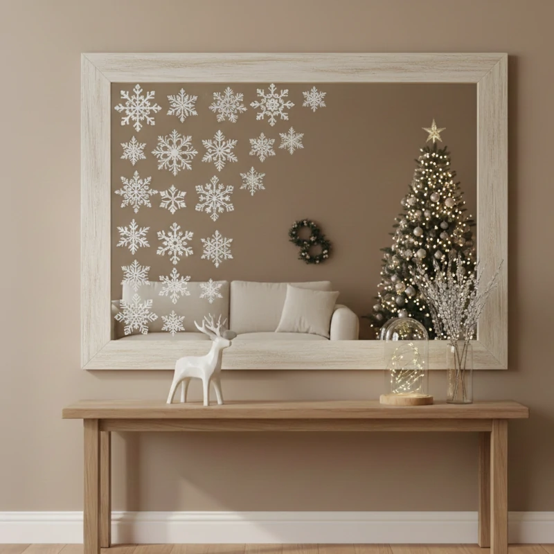 Large framed mirror decorated with clustered white snowflake stickers in one corner for a festive effect.