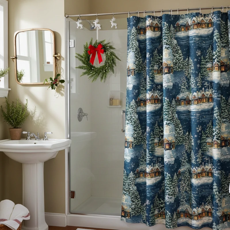 Festive shower area with a holiday-themed curtain, greenery wreath, decorative hooks, and seasonal accents.