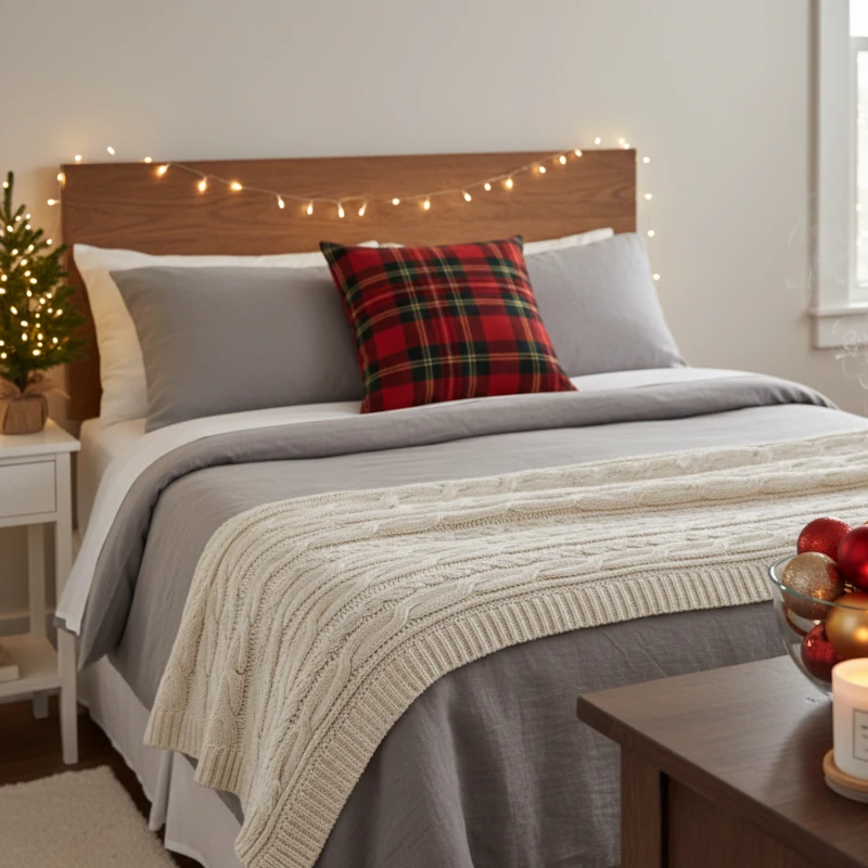 Bed with gray bedding, plaid pillow, cable knit throw, fairy lights, and mini tree.