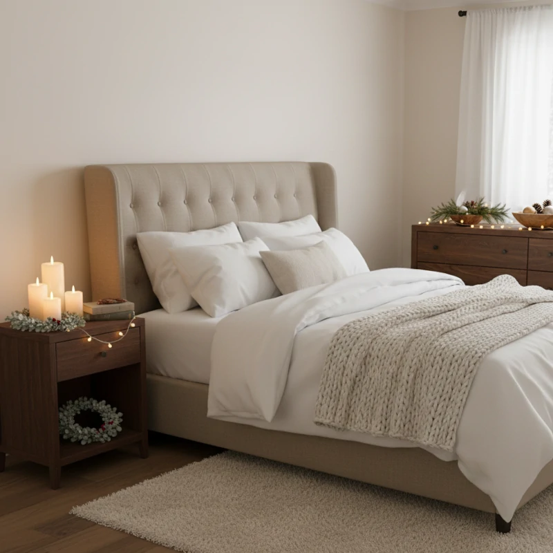 Nightstand with trio of white candles, mini wreath, and string lights in a neutral bedroom.