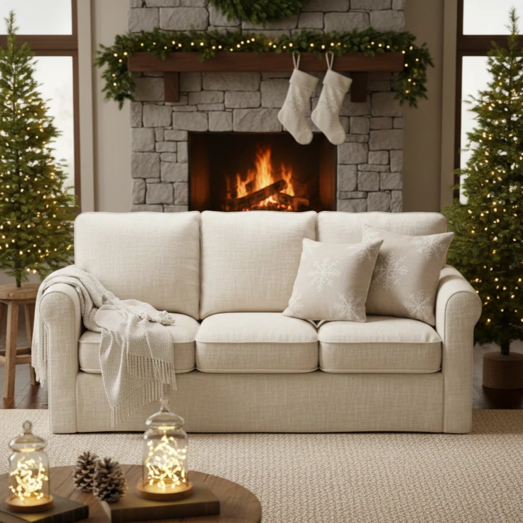 Neutral sofa with soft blankets, winter greenery, and festive fireplace décor.