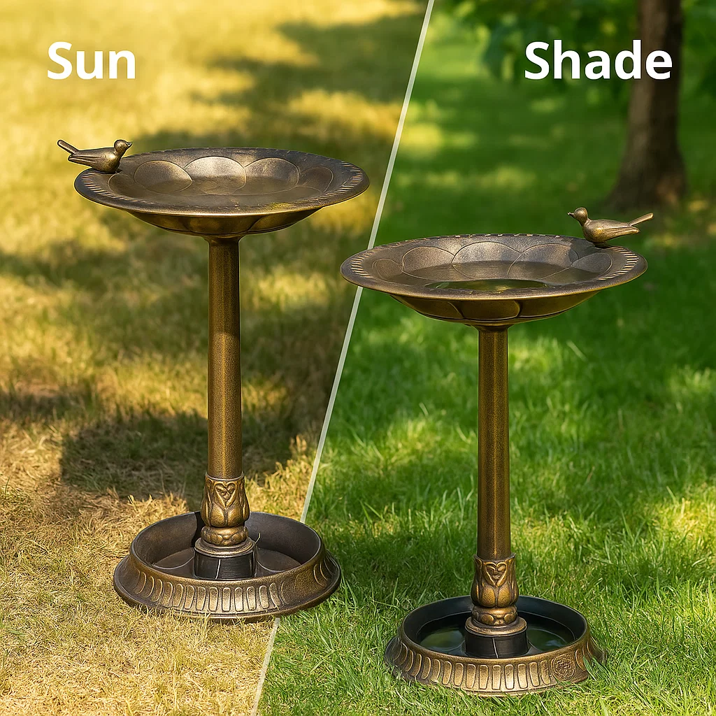 Side-by-side bird baths shown in full sun and partial shade on a grassy lawn.