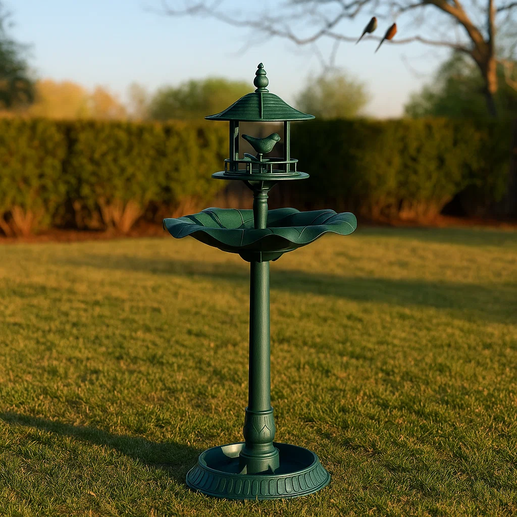 Green pedestal bird bath placed on open grass with trees visible in distance.
