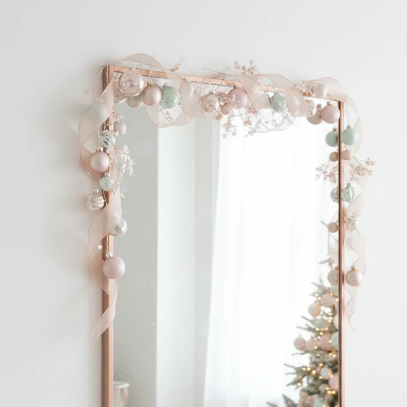 Mirror styled with pastel ornaments, ribbon garlands, and delicate winter accents for soft Christmas decor.