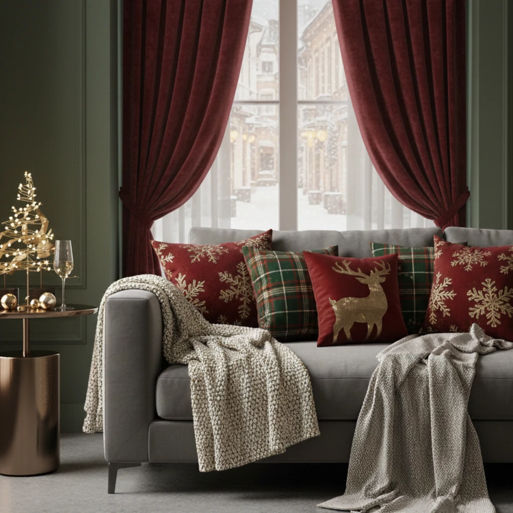 Grey sofa styled with red and green Christmas pillows and layered throws.
