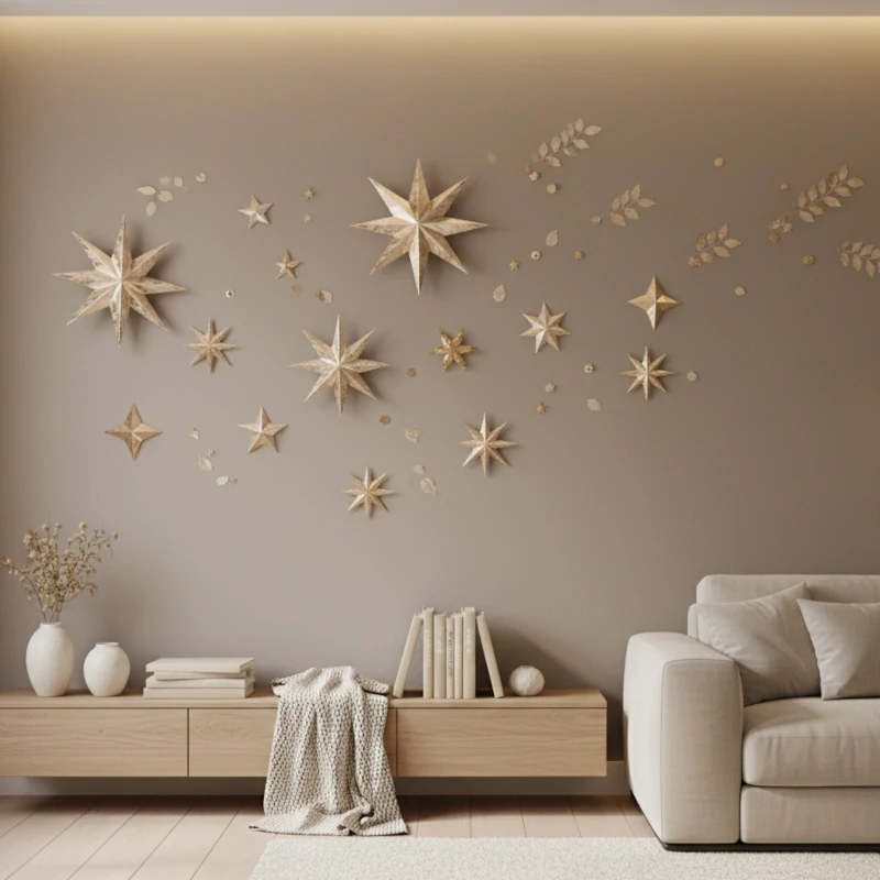 Gold star wall decorations arranged creatively across a neutral living room wall.
