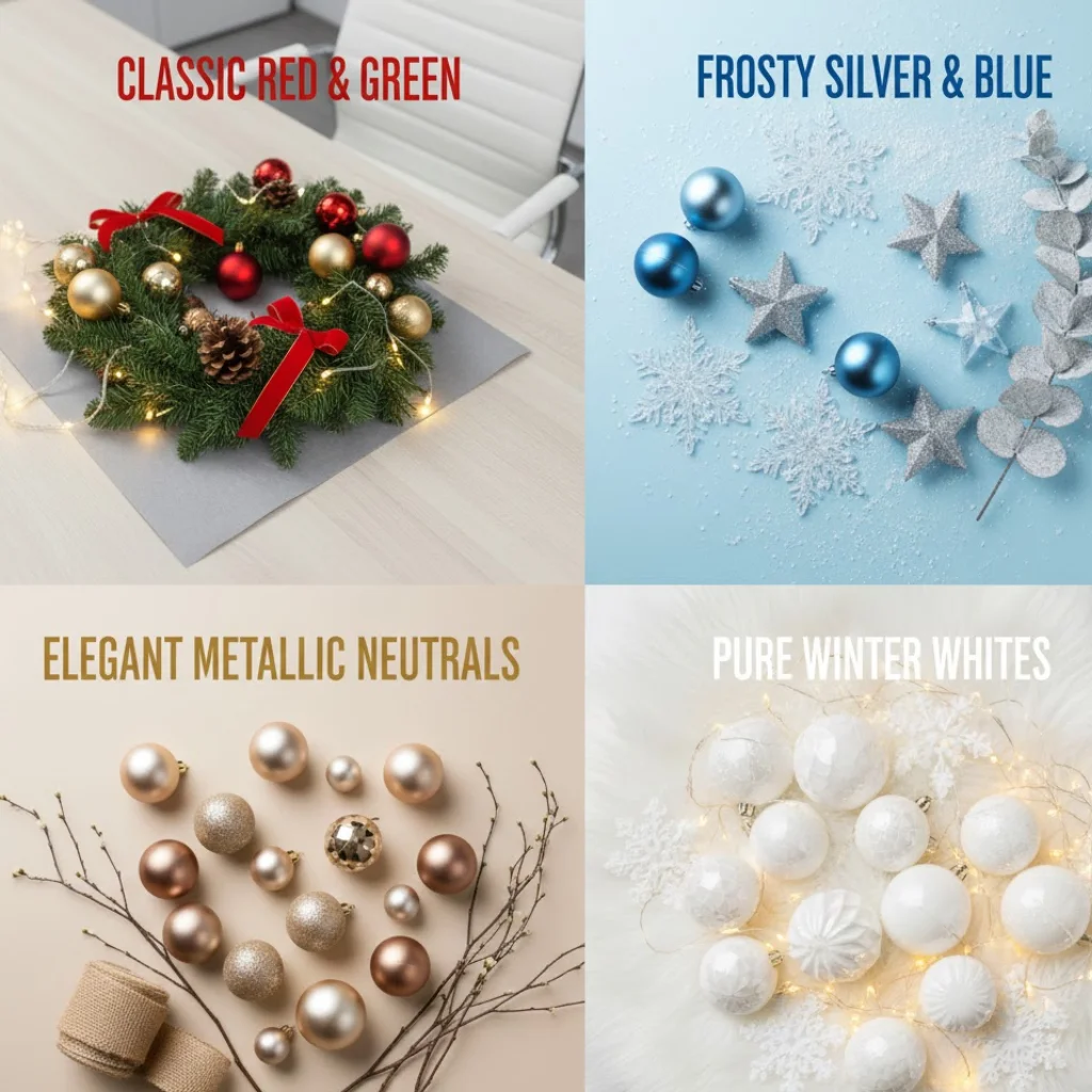 Four Christmas décor flatlays showing different ornament color palettes.