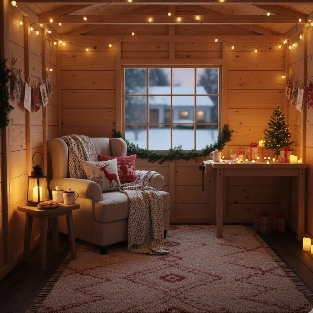 Warm Christmas-themed shed interior with armchair, lights, mini tree, and gifts.
