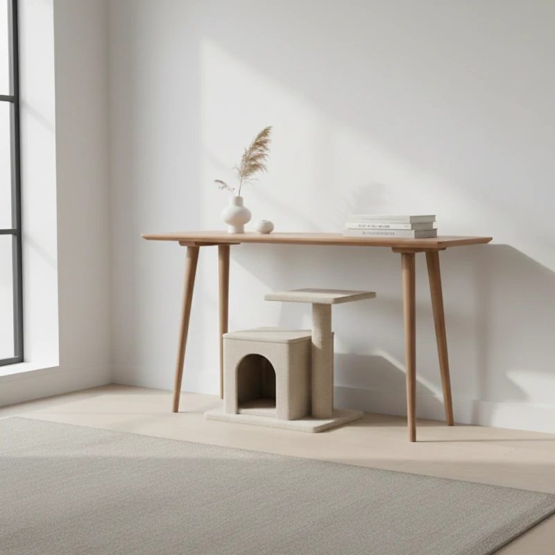 Small beige cat tree tucked neatly under a wooden console table in a minimalist room.