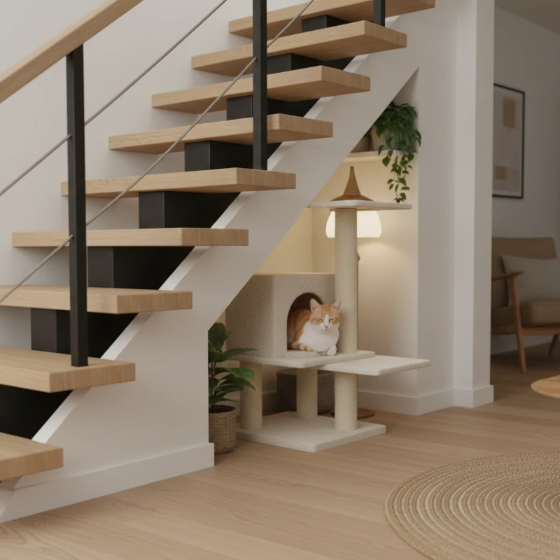 Cat lying on a beige cat tree placed under modern wooden stairs in a quiet corner.
