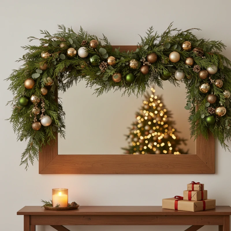 Wood-framed mirror decorated with lush greenery and metallic Christmas baubles across the top edge.