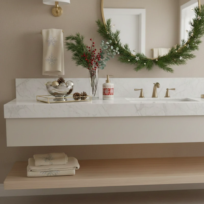 Christmas-decorated vanity featuring greenery, pinecones, a festive soap dispenser, and garland-wrapped mirror.