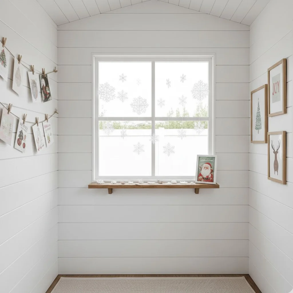 Minimal Christmas interior with snowflake window decals, hanging cards, and framed festive art.