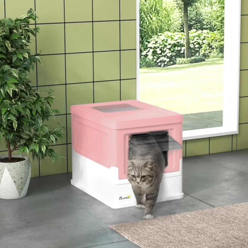 Cat exiting a pink covered litter box placed near a window and indoor plant.
