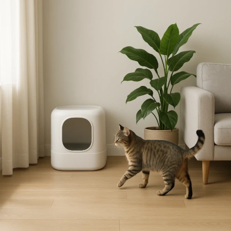 Cat walking near a minimalist white litter box placed in a quiet living room.
