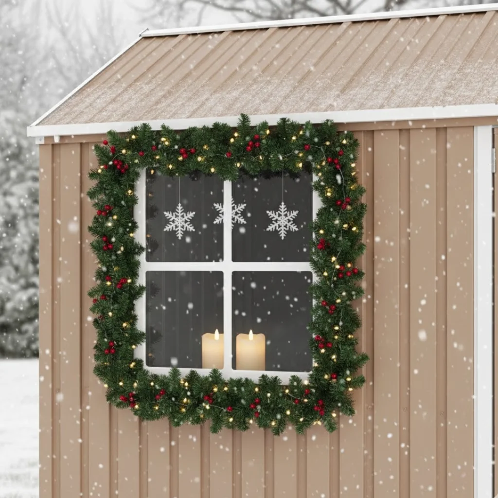 Shed window framed with Christmas garland, berries, snowflake decals, and glowing candles.