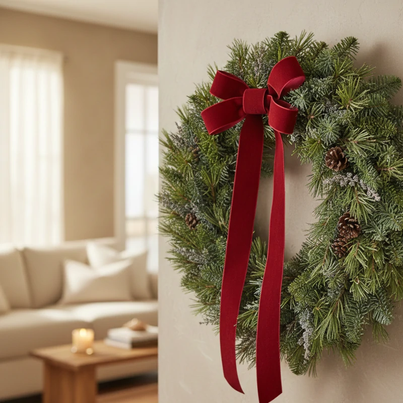 Classic green Christmas wreath with a red velvet bow hanging on an interior wall.
