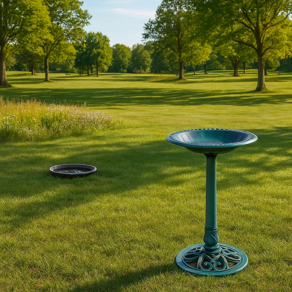 Two-tiered green bird bath in large open yard with trees and evening sunlight.