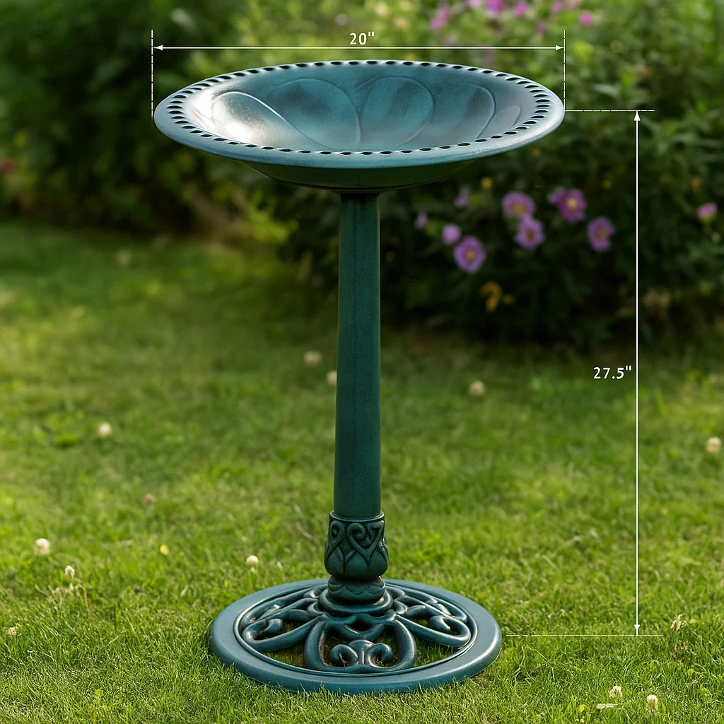Green bird bath standing on grass with measurement labels.